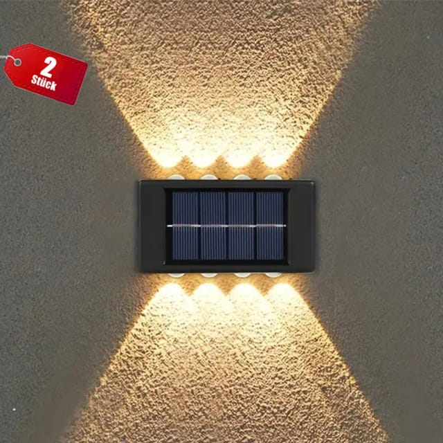 Lot De Deux Lampes Solaires Murales Haut Et Bas Huit Led Étanches Ip65 Pour Jardin Et Terrasse Lumière Blanche Chaude