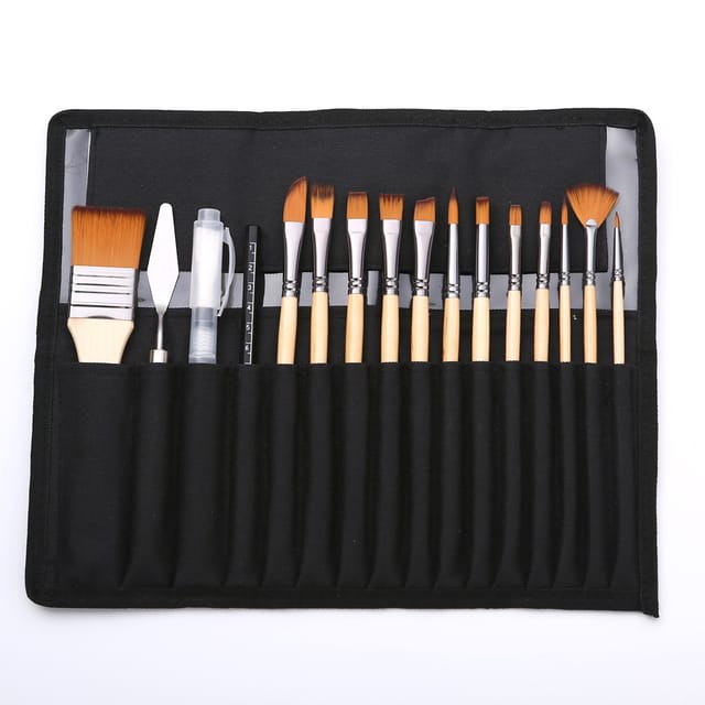Ensemble De Dix Huit Brosses À Peindre Pour Aquarelle Et Acrylique Manche En Bois Poils Nylon Pour Artiste