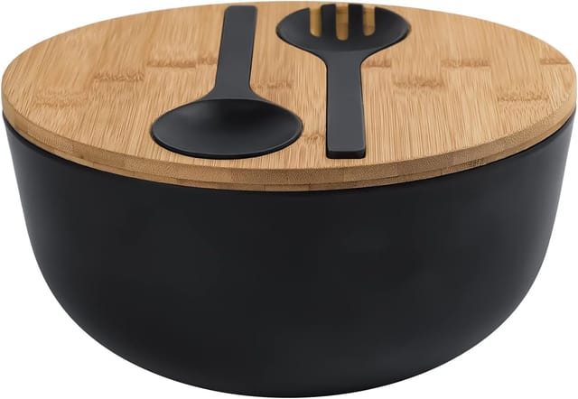 Grand Saladier En Fibre De Bambou Vingt Cinq Centimètres Avec Couvercle Cuillère Et Fourchette Pour Fruits Et Salades
