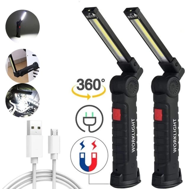 Lot De 2 Lampes De Travail Led Rechargeables Avec Base Magnétique, Rotation À 360°, Éclairage Polyvalent Pour Les Réparations Et Les Travaux Extérieurs.