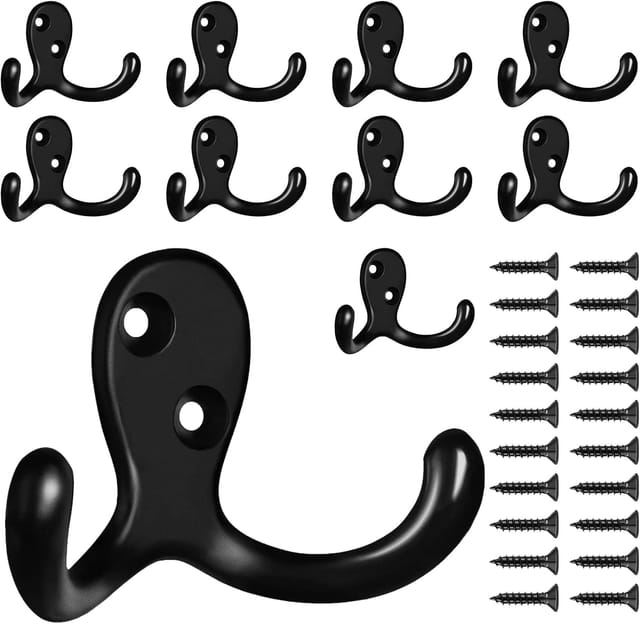 Lot De Dix Crochets Muraux Doubles Noirs Robustes Pour Manteaux Et Serviettes Avec Vingt Vis Support Pour Entrée