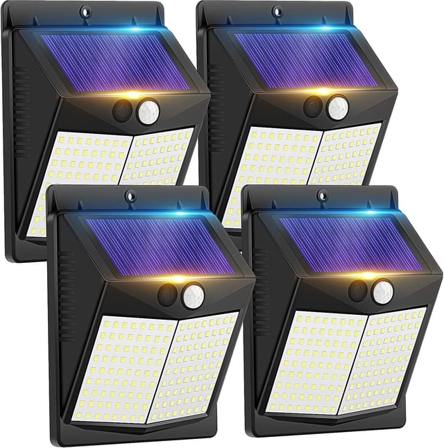 Lot De Quatre Lampes Solaires Murales Cent Quarante Quatre Led Avec Détecteur De Mouvement Trois Modes Étanches Pour Mur Et Allée