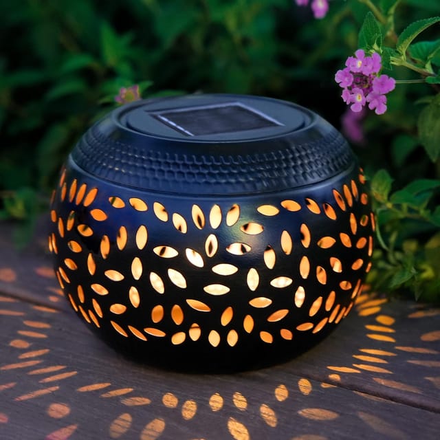 Lampe Solaire D'Extérieur En Fer, Lampe De Jardin Ajourée Imitation Céramique, Lanterne Paysagère