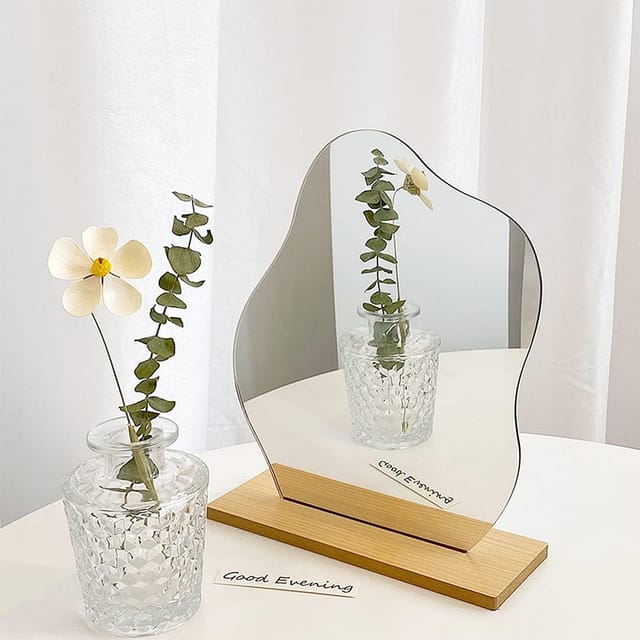 Miroir De Maquillage En Acrylique Sans Cadre, Petit Miroir Décoratif Irrégulier Avec Base En Bois, Miroir De Table Cosmétique Pour Chambre, Salon, Hôtels, Décoration Esthétique
