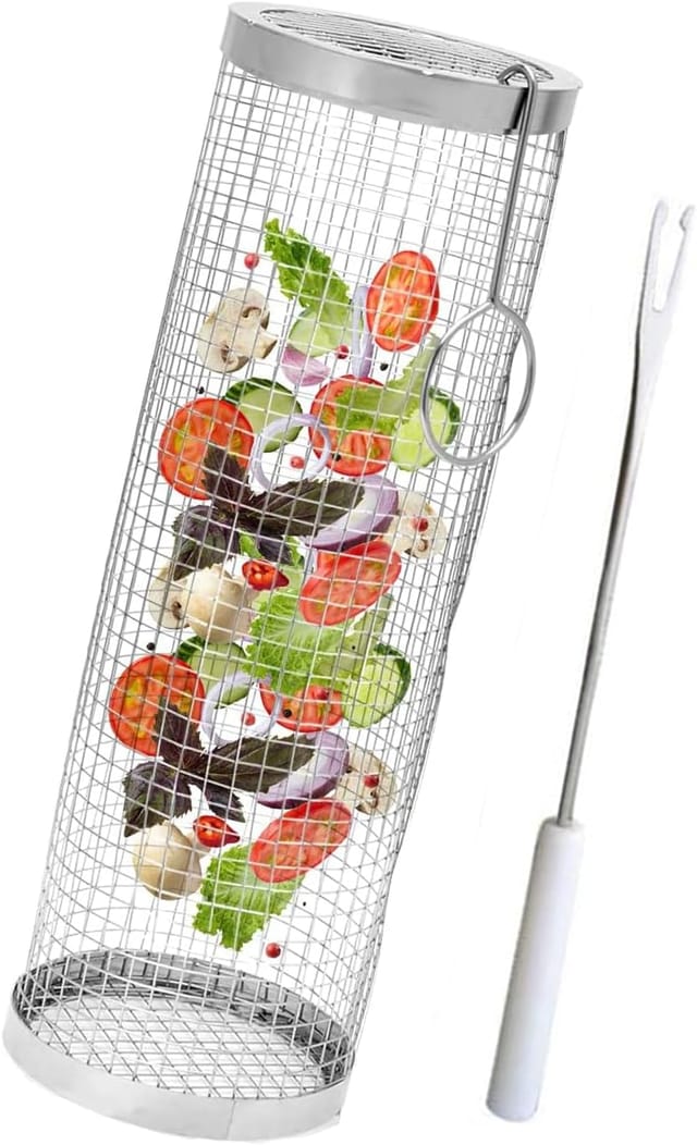 Panier À Grillade Cylindrique En Acier Inoxydable Avec Manche, Pour Légumes, Frites Et Poisson, Barbecue Extérieur