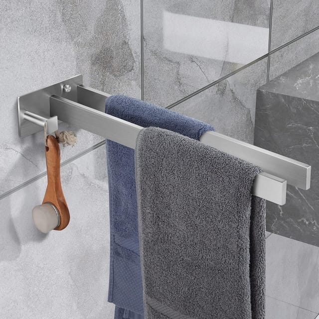 Porte-serviettes Mural Double Carré En Acier Inoxydable Argenté De 39 Cm Pour Salle De Bain Et Cuisine