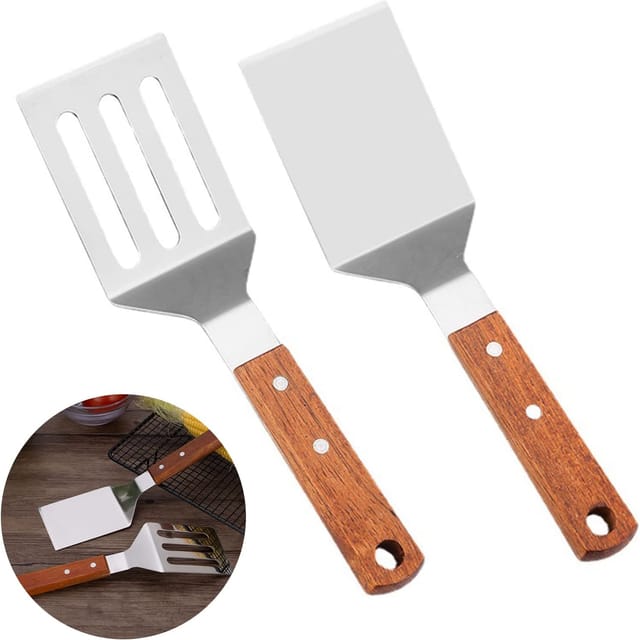 Lot De 2 Spatules En Acier Inoxydable Avec Manche Bois, Set Barbecue Perforé Pour Teppanyaki, Steak Et Pizza