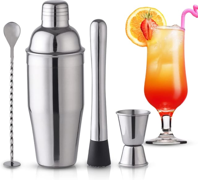 Shaker À Cocktails En Acier Inoxydable Avec Accessoires De Bar, Set De Mixage De 750 Ml Pour Bar À Domicile, Comprenant Shaker, Verre Doseur, Cuillère Et Pilon.