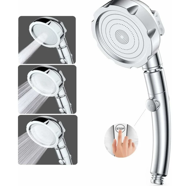 Pommeau De Douche À Main Haute Pression 3 Jets, En Abs Et Acier Inoxydable Avec Bouton D'Arrêt, Universel, Haute Pression Et Économie D'Eau.