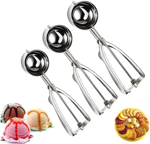 Cuillère À Glace En Acier Inoxydable Poli, Avec Poignée Ergonomique, Disponible En 3 Tailles : Grande (6 Cm), Moyenne (5 Cm) Et Petite (4 Cm).
