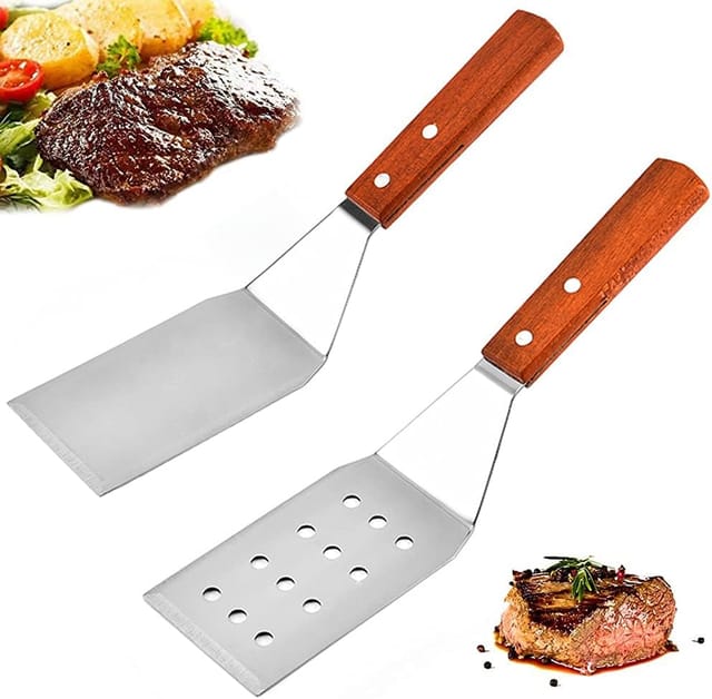 Set De Spatules En Acier Inoxydable Avec Manche Bois, Pour Teppanyaki, Grillade, Steak Et Pizza