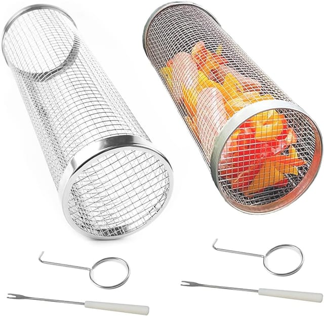 Panier À Griller Cylindrique, Lot De 2 Paniers À Griller À Roulettes Avec Fourchette, Accessoires De Barbecue En Acier Inoxydable Pour Le Camping Et Les Barbecues De Terrasse