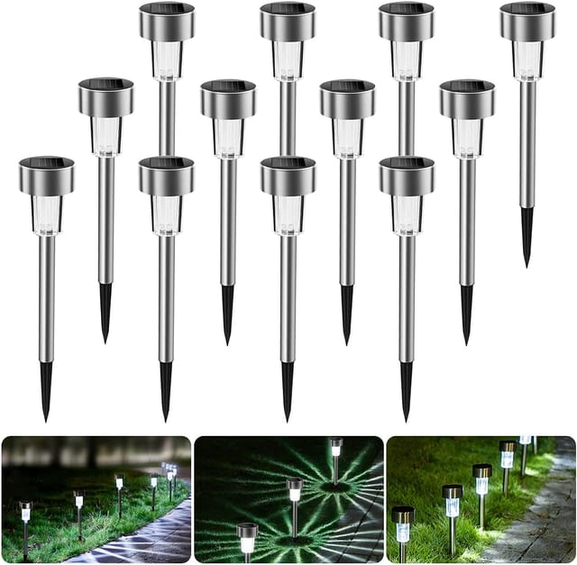 Lot De Douze Lampes Solaires Extérieures En Acier Inoxydable Étanches Pour Allée Terrasse Et Jardin Éclairage Économique