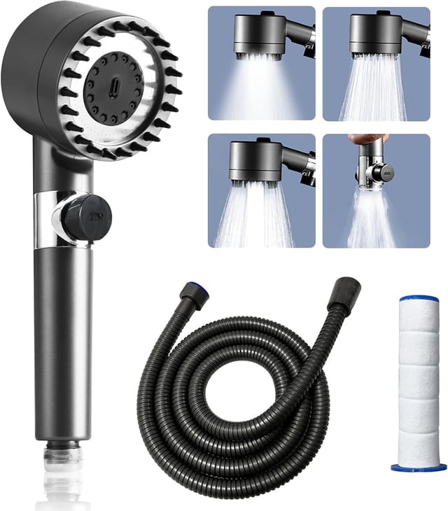 Pommeau De Douche À Économie D'Eau, Douchette Haute Pression Avec Flexible De 1,5 M Et 2 Filtres, 3 Jets, Pommeau De Douche Massant, Douche De Pluie À Économie D'Eau...