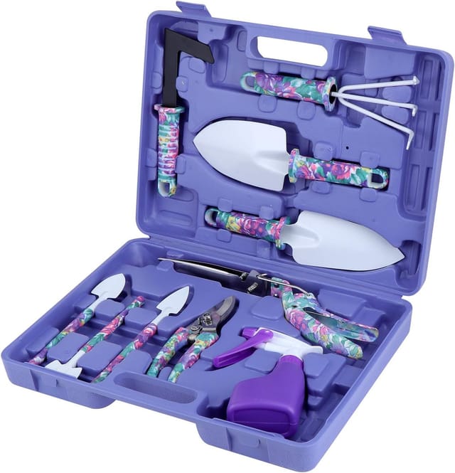 Ensemble D'Outils De Jardin, 10 Pièces : Pelle, Bêche, Râteau, Herse, Truelle, Sécateur, Pulvérisateur Et Poignées Ergonomiques À Motif Floral Violet