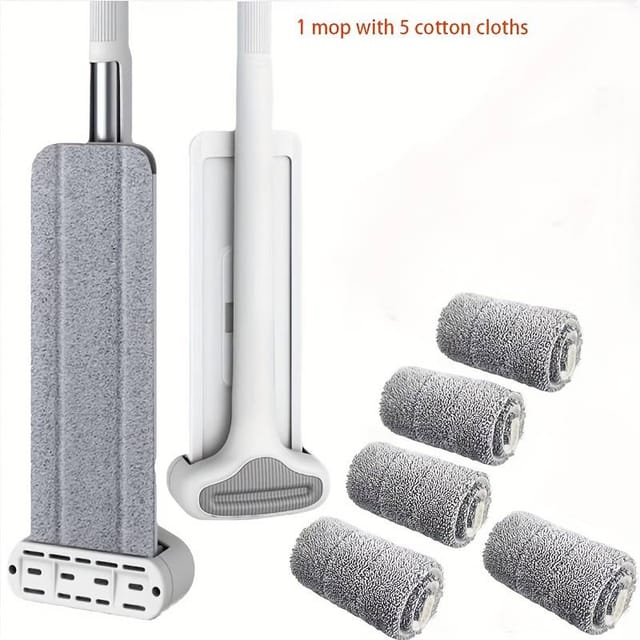 Balai-serpillère Plat Avec 5 Lingettes, Manche Long, Lavage Mains Libres, Balai-serpillère Rotatif Résistant, Utilisation Sur Sols Secs Et Humides