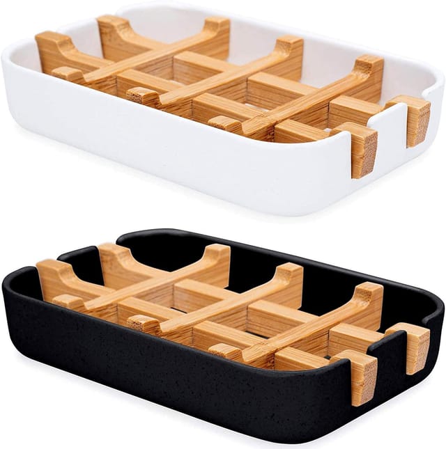 Lot De Deux Porte Savons En Bambou Écologique Antibactérien Avec Drainage Pour Salle De Bain Et Cuisine Biodégradable