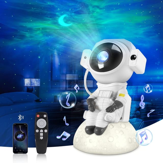 Projecteur De Galaxie Astronaute Amélioré, Veilleuse Projecteur D'Étoiles Avec Musique, Télécommande Et Projecteur De Lumière Nébuleuse Galaxie Orientable À 360°