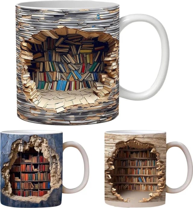 Set De Trois Tasses Bibliothèque 3d Onze Onces Effet Livre Pour Lecteur Et Amateur De Littérature Cadeau Original