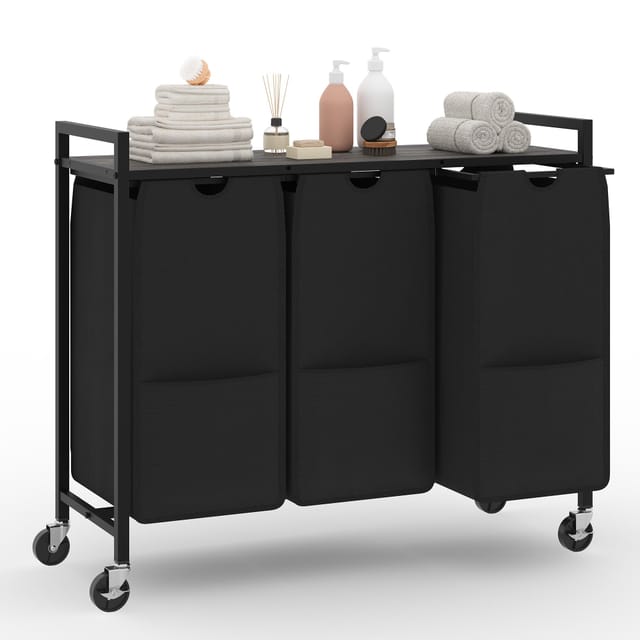 3-fach Wäschekorb Mit Rollen – 120 L, Grau, Mit Ablage, Abnehmbaren Beuteln & Stabilem Metallrahmen Für Bad, Schlafzimmer & Waschküche