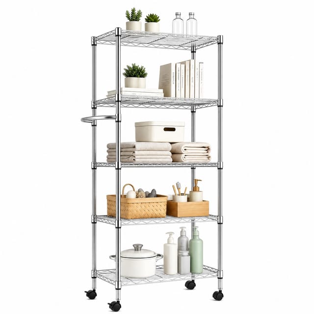 5-stufiger Rollwagen Metallregal 75x35x151 Cm - Verstellbare Gitterböden Chrom - Mit Griff & Feststellrollen - Standregal Für Küche/bad/nische