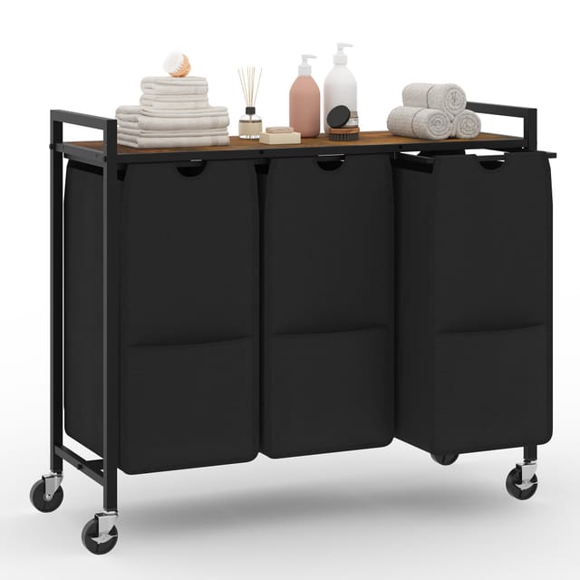 3-fach Wäschekorb Mit Rollen – 120 L, Verbrannte Farbe + Schwarz, Mit Ablage, Abnehmbaren Beuteln & Stabilem Metallrahmen Für Bad, Schlafzimmer & Waschküche