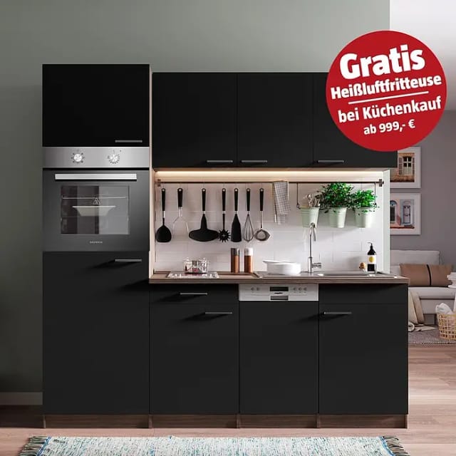 Respekta Küchenzeile KB205EYSC 205 cm Schwarz-Eiche York Nachbildung