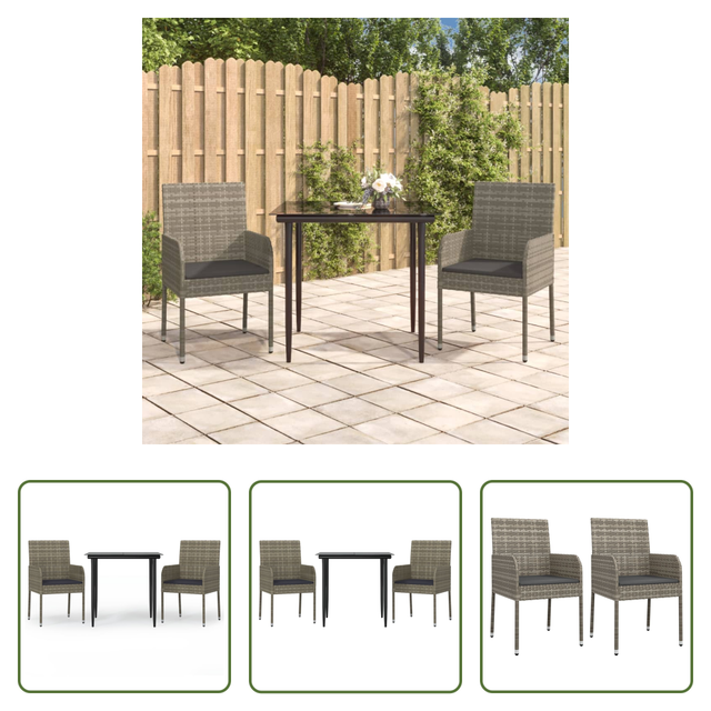Gartenessgruppe - 3-tlg. Garten-essgruppe Mit Kissen Schwarz Und Grau Poly Rattan