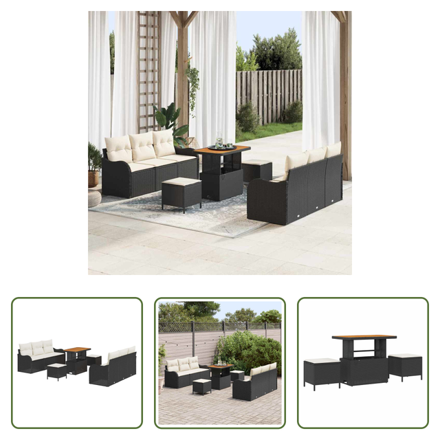 Poly-rattan - Gartensofa-set Mit Kissen 9 Pcs Schwarz Poly-rattan