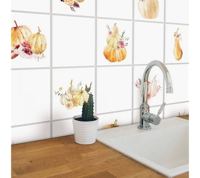 K&L Wall Art Fliesenaufkleber selbstklebend Klebefliese Set Kürbis Herbst Deko Vintage Boho Küche