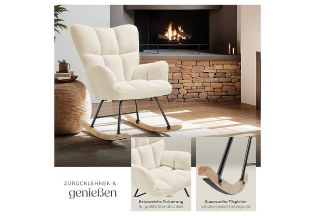 tectake Schaukelstuhl Relaxsessel Torve, gepolstert, Holzkufen, 120 kg Belastbarkeit (Set, 1 St), Kuscheliger Bouclé-Bezug mit stilvollem Steppmuster