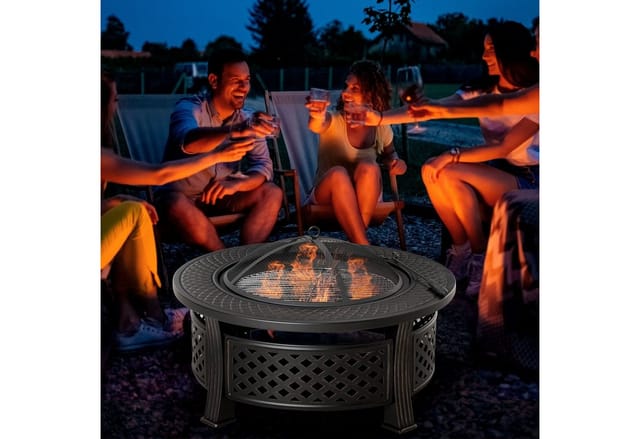 Outsunny Feuerschale für Garten Camping BBQ, (Funkenschutz, 1-St., Feuerschale mit Schürhaken), Stahl Schwarz 81 x 81 x 50 cm