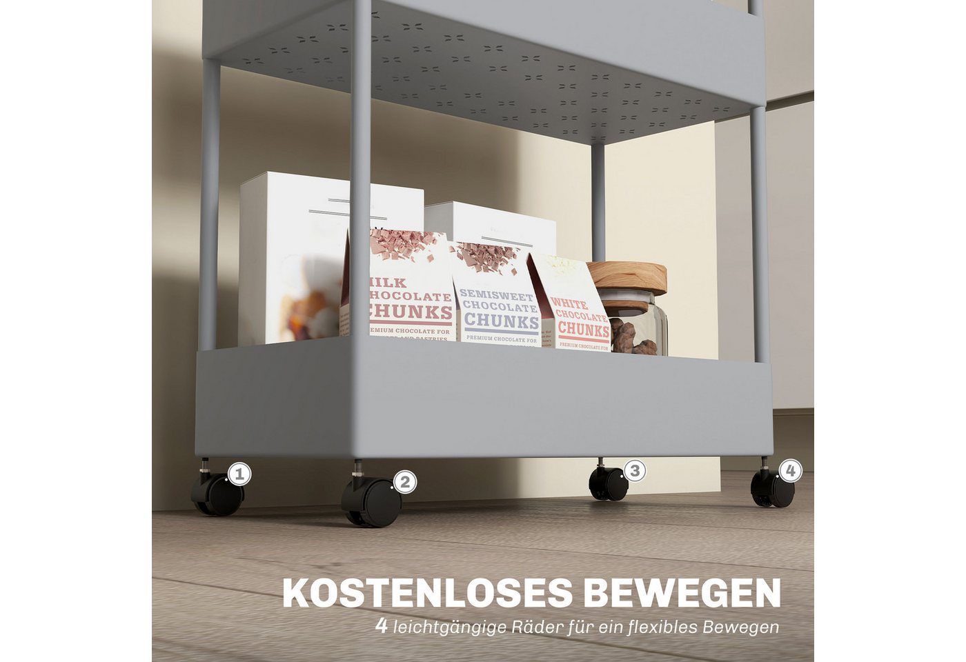 HOMCOM Küchenwagen mit 4 Ebenen, Rollen, Bremsen, (Aufbewahrungsregal, 1 St., Rollwagen), für Küche, Wohnzimmer, Kunststoff, Grau, 40 x 19 x 90 cm Bild 3