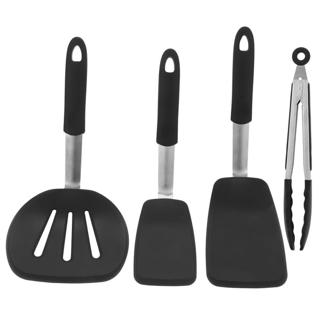 Set Mit 4 Antihaftbeschichteten Küchenutensilien Aus Silikon: Pfannenwender, Runder, Perforierter Pfannenwender Und Küchenzange