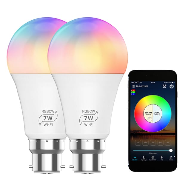 100–264 V, 7 W, 2er-pack Led-lampen Mit B22-sockel, Kabellos Per Wlan Und Bluetooth Verbunden, Intelligente Lichtsteuerung, Kompatibel Mit Smartphone-apps, Sprachsteuerung, 16 Millionen Farben, 20 Dyn