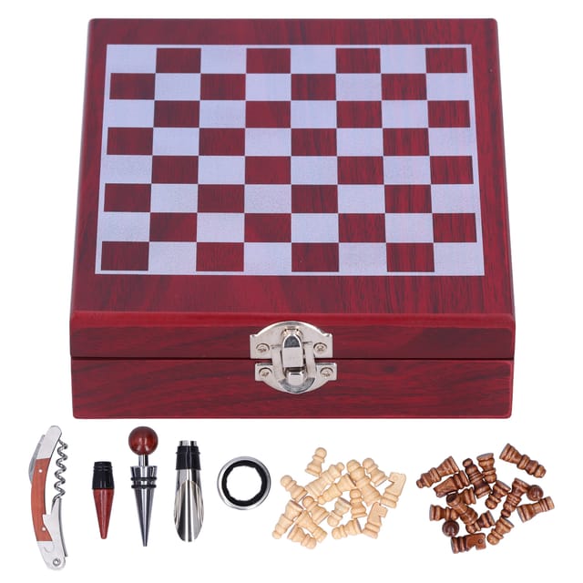 Weinflaschenöffner- Und -verschluss-set Aus Edelstahl Und Mahagoni, Geschenkbox Mit Schachbrettmuster, 530 G, Box 15 X 17 X 4,5 Cm, Für Bar, Hotel Und Party
