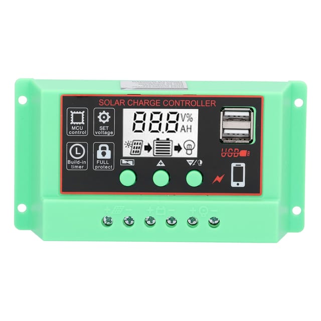 12v/24v Solarregler, Photovoltaik-controller, Lcd-bildschirm, Usb-anschlüsse, Überlastschutz, Grünes Gehäuse, Schwarze Oberfläche