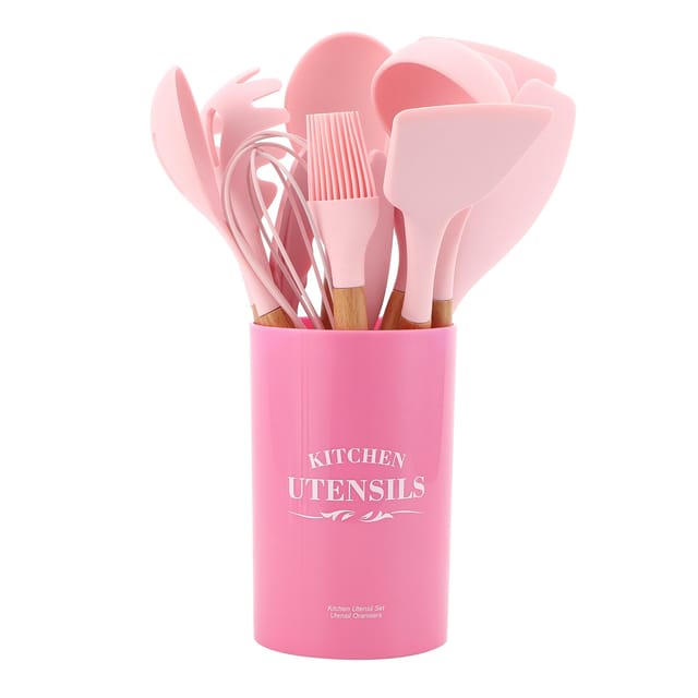 12-teiliges Küchenutensil-set Aus Silikon Und Holz Zum Kochen Und Backen, Hitzebeständig Von -30 Bis 230 °c, Rosa, Antihaftbeschichtet, Mit Aufbewahrungsbehälter