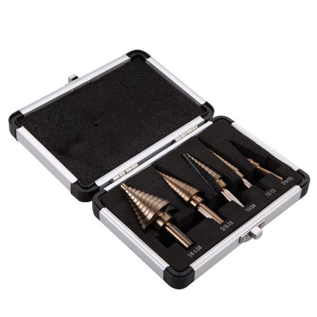 Set Mit 5 Titanbeschichteten Hss-stufenbohrern, 50 Durchmesser, Für Holz, Metall Und Kunststoff, Mit Aluminiumkoffer