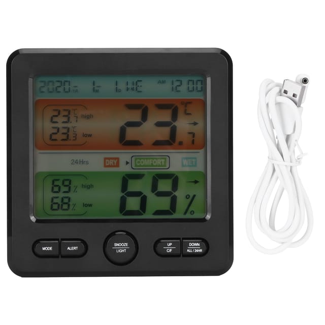 Digitales Thermometer-hygrometer Mit Schwarzem Farbdisplay Und Uhr Für Den Innenbereich