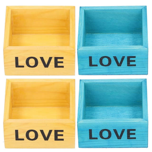 4er-set Kleine Retro-pflanztöpfe Aus Holz Für Kakteen Und Sukkulenten, Dekorative Aufbewahrungsbox Für Büro, Zuhause, Balkon, Garten, 10 X 10 X 5 Cm, Blau Und Gelb