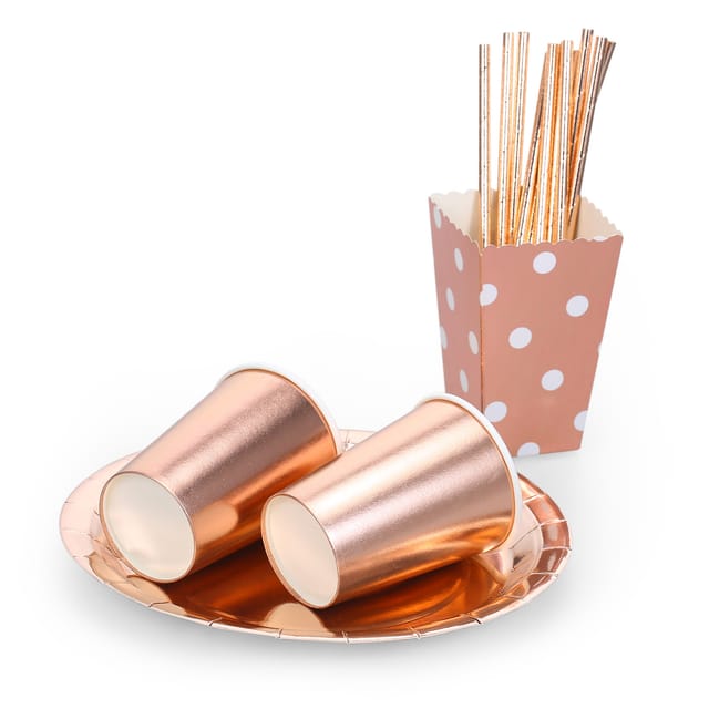 73-teiliges Roségoldenes Papiergeschirr-set: Becher, Teller, Servietten, Strohhalme, Tischdecke, Popcornboxen Aus Papier Für Geburtstage, Hochzeiten Und Partys
