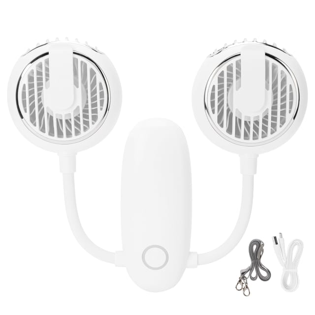 Tragbarer Usb-ventilator Mit Zwei Köpfen, 360° Drehbar, Mit Clip-nackengurt Für Reisen Im Freien (weiß)