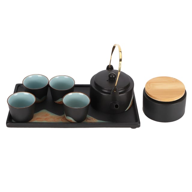 Japanisches Teezeremonie-set Im Kung-fu-stil Aus Schwarzer Keramik: Teekanne, Krug, Tassen Und Tablett