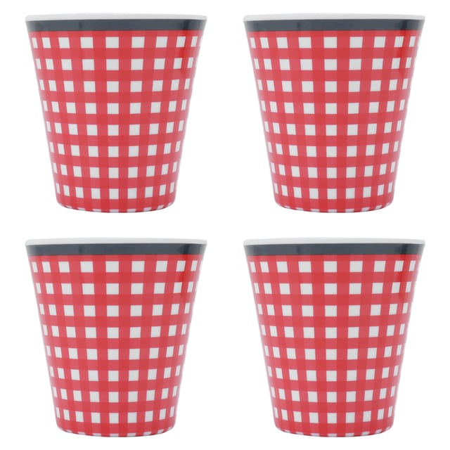 Set Mit 4 Melamin-trinkbechern In Porzellanoptik, Rotes Karomuster, 260 Ml, 8,6 X 9 Cm, Für Schule/zuhause