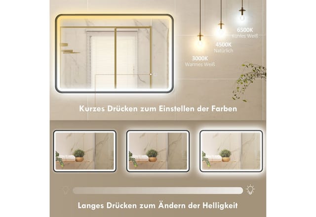 HOMCOM Badspiegel Lichter, 3 Farben, Memory-Funktion (Beschlagfrei Wandspiegel, 1-St., dimmbar LED Spiegel), für Badezimmer, Schwarz