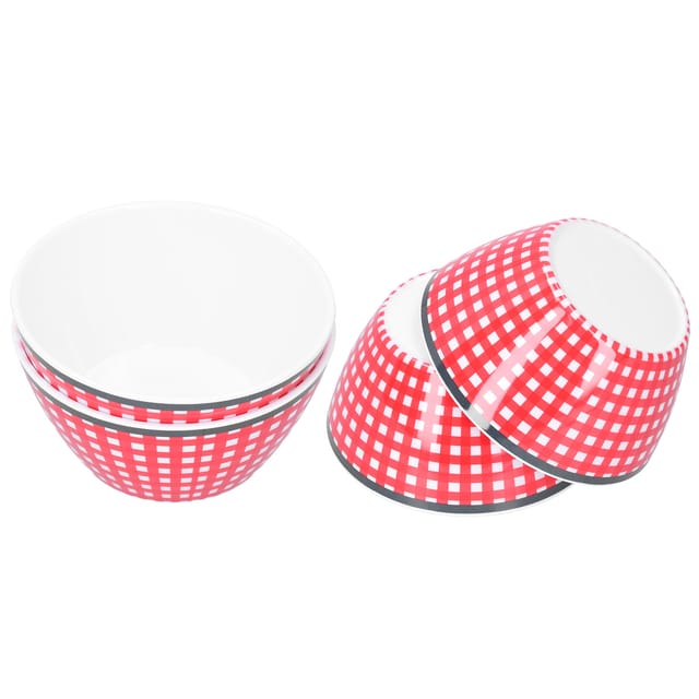 Set Mit 4 Melamin-salatschüsseln (15 Cm Durchmesser), Porzellanoptik, Rot-kariert