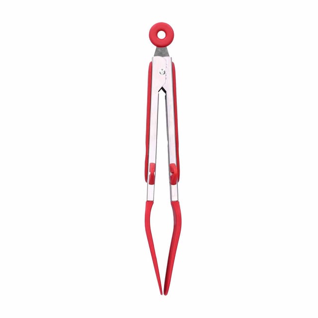 Grillzange Aus Edelstahl Und Silikon, 23 Cm Lang, Zum Grillen, Steakschneiden Und Kochen, Mit Rotem Halter