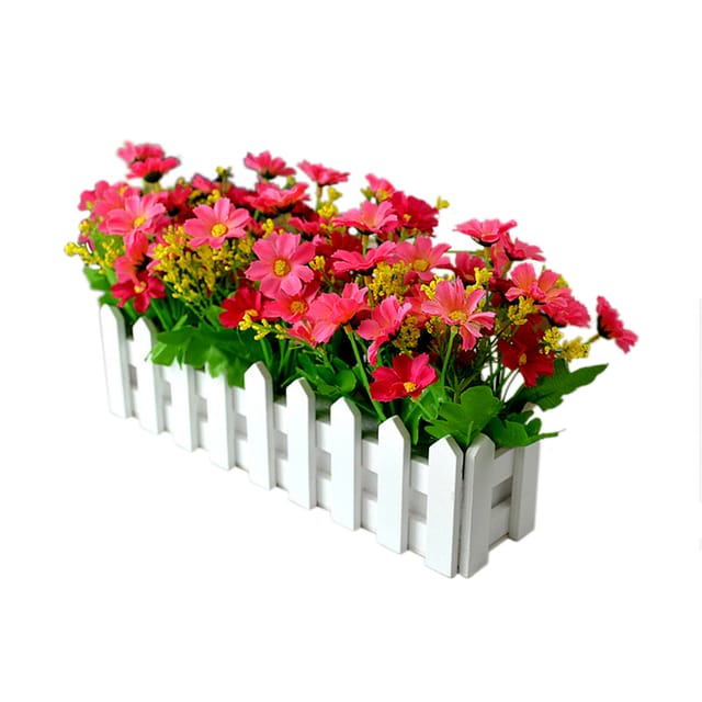 Künstliche Topfpflanze Mit Weißem Zaun, Realistische Rosa Und Rote Gänseblümchen Als Dekoration Für Zuhause Und Wohnzimmer