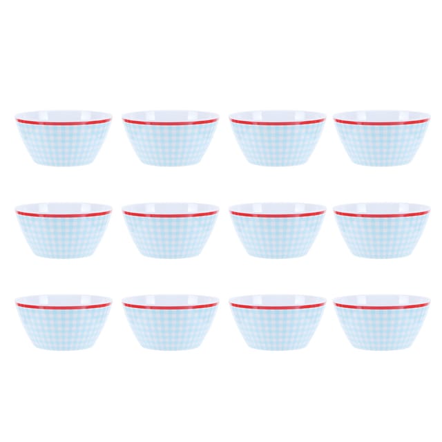 Set Aus 12 Salatschüsseln, 15 Cm, Porzellanimitat, Hellblau Mit Karomuster